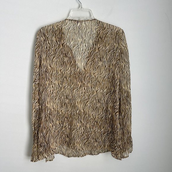 Cache Beige Animal Print 100% Silk Embellished V-Neck Sheer Blouse - Picture 4 of 7
